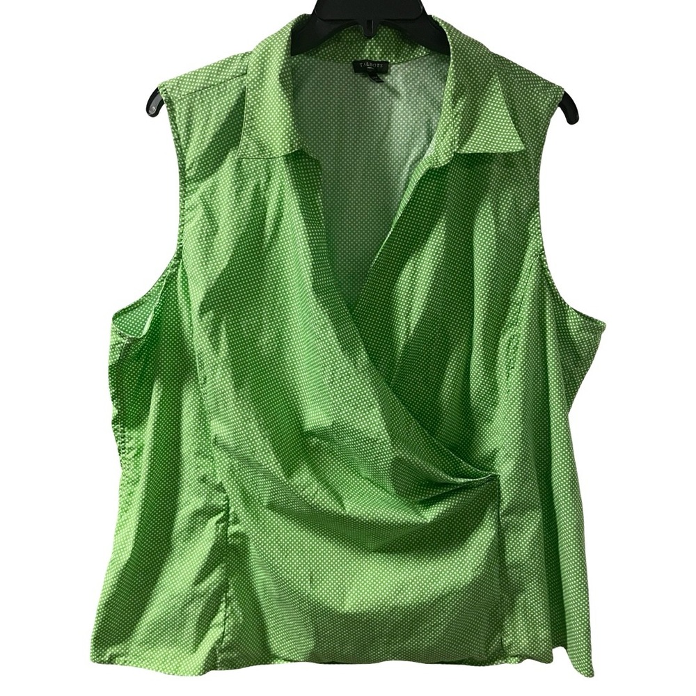 Talbots Woman Green Polka Dot Sleeveless Surplice Faux Wrap Top Plus Size 24W
